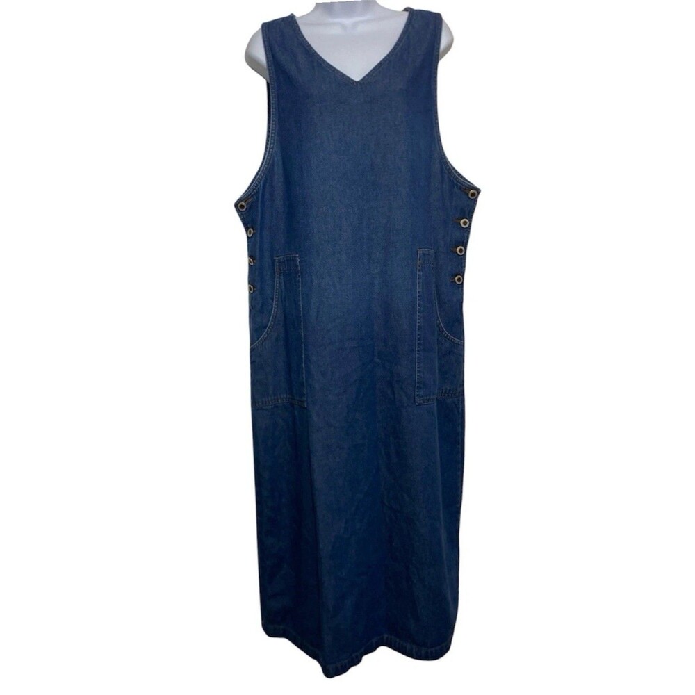 Vtg Expressions Denim Jumper Overall Dress 0X Side Button Sleeveless Pockets 90s